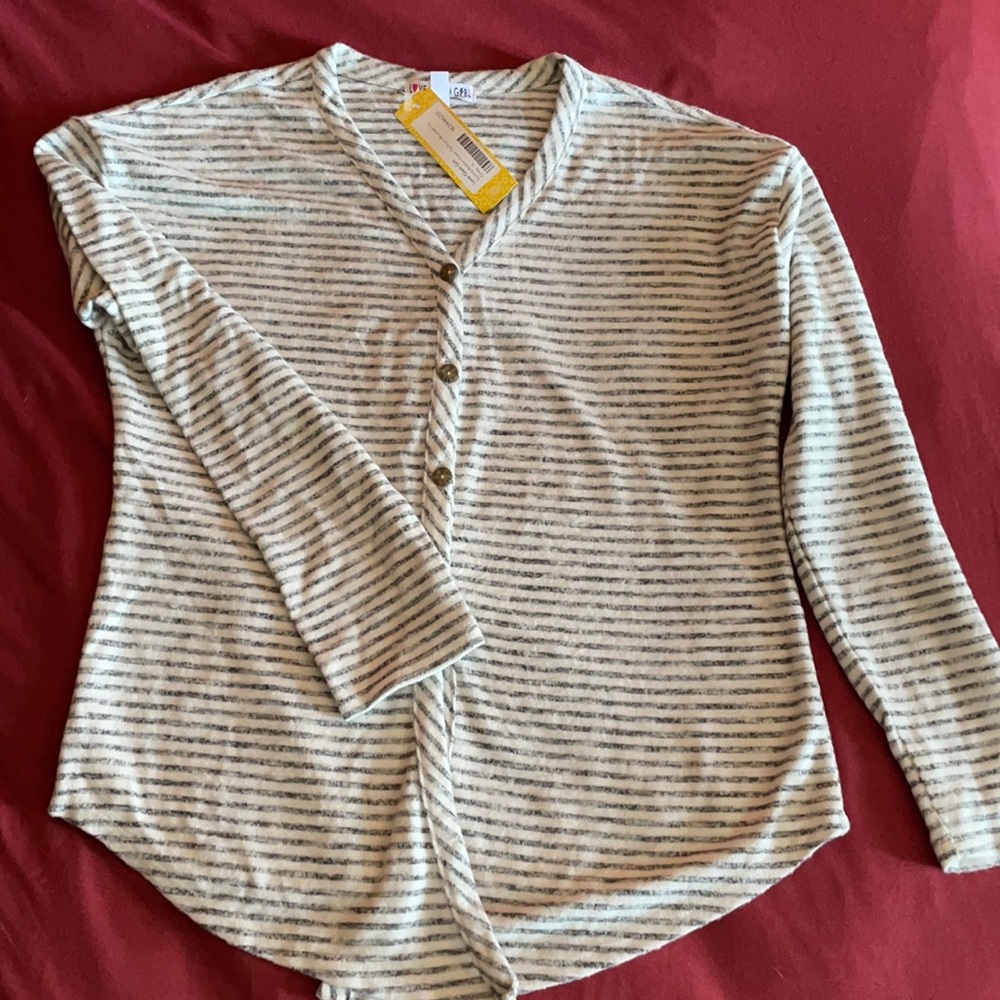 White and gray striped button up sweater